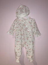 Load image into Gallery viewer, Little Me Rose print Ruffle Footie with Beanie
